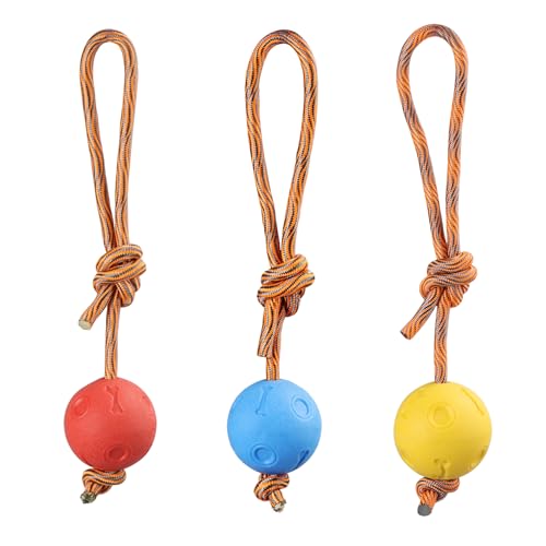 QWORK® 3 Piezas Pelotas para Perros con Cuerda, ∅6 cm Pelota de Juguete para Perros, Pelotas de Goma Maciza Elástica, para Mascotas, Entrenamiento, Juego