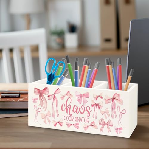 Image of Thank You Appreciation Gifts for Women Boss Coworker Manager Nurse Employee Social Workers Wooden Pen Pencil Holder,Coquette Pink Bow Chaos Coordinator Makeup Brush Toothbrush Holder Organizer