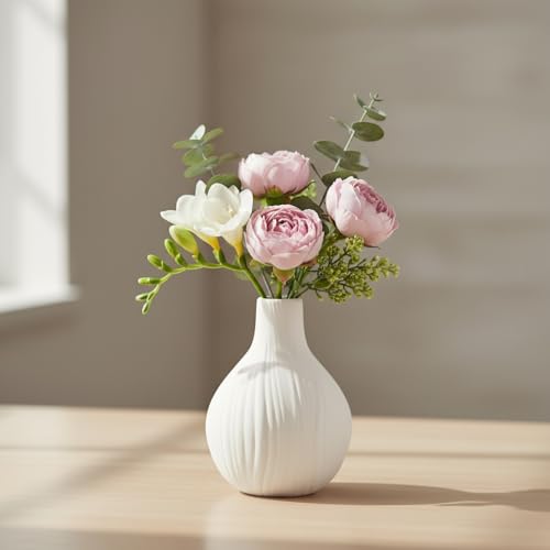 Vaso in Ceramica Bianca, 13 cm Vaso Decorativo da Interno Moderno, Piccolo Fiore vaso Rotondo, Minimalista Boho Stile Vasi Decor per Casa, Soggiorno, Tavolo da Pranzo, Ingresso, Ufficio
