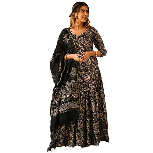 Image of GoSriKi Women's Rayon Blend Straight Printed Kurta with Sharara & Dupatta