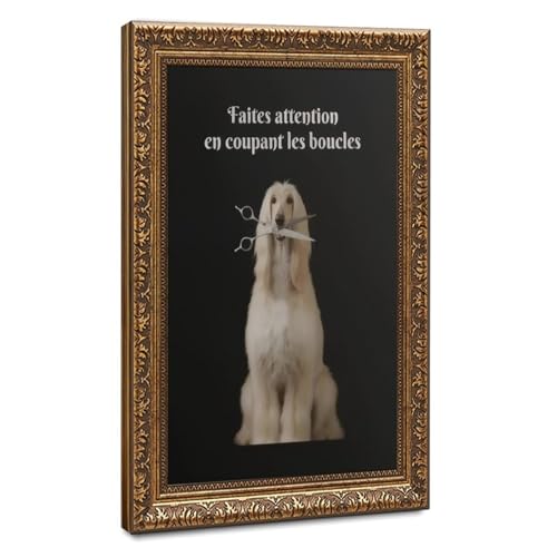 Toile drôle chien avec ciseaux : idée cadeau originale pour coiffeur et salon