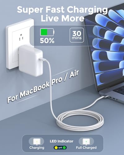 Image of Charger for MacBook Pro 14 16 inch Mac Air 13.6 15 inch M5 M4 M3 M2 M1 2026 2025 2024 2023 2022 2021, 96W / 70W Power Adapter, 6.6FT USB C to Magnetic 3 Cable LED, Powerful Magnetic, Original Quality