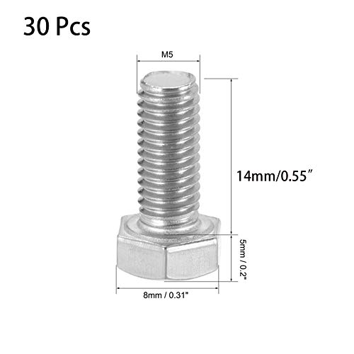 Image of 30 Pcs M5 Hex Bolt M5-0.8 x 14mm UNC Hex Head Screw Bolts A2-70(304) Stainless Steel Fully Threaded Hex Tap Bolts,Plain Finish,Fully Threaded (M5 x 14mm)