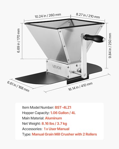 Image of VEVOR Manual Grain Mill, Homebrew Malt Grinder, Adjustable Barley Mill Crusher for Wheat Beer Brewing - with 2 Stainless Steel Rollers, 1.06 Gallon Hopper & Metal Base Plate