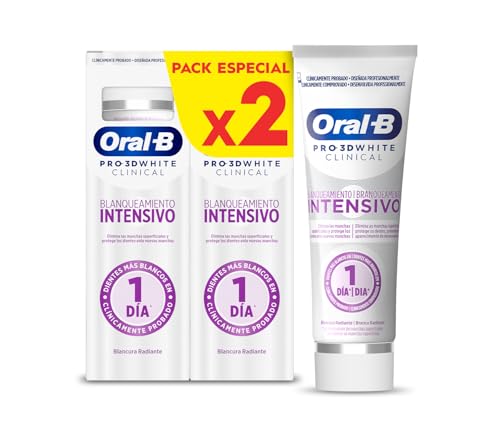 Oral-B Pro 3D White Clinical Blanqueamiento Intensivo Dentífrico Blanqueante, 2x75ml - Pasta de Dientes Blanqueadora con Sabor a Menta Siempreverde, Elimina Las Manchas Superficiales