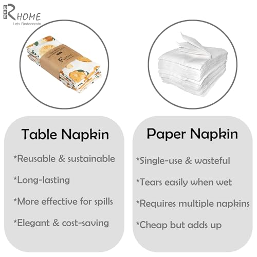 Image of R home Orange Printed Cotton Table Napkins Set of 12 (40x40 cm / 16x16 Inches) Reusable & Machine Washable Cloth Napkins for Dining Table, Dinner, Parties & Kitchen Use with Hemmed Edges
