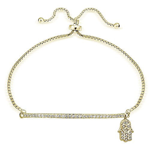 Image of Hoops & Loops Sterling Silver Cubic Zirconia Hamsa & Bar Adjustable Pull String Bracelet