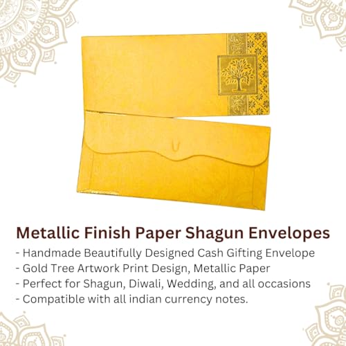 Image of Pack of 25, Rectangle Shape Metallic Paper Shagun Envelopes for Gifting Sagan Lifafa Wedding Occasion Cash Money, 18 X 8 cm, Yellow Color - Gold Tree Design