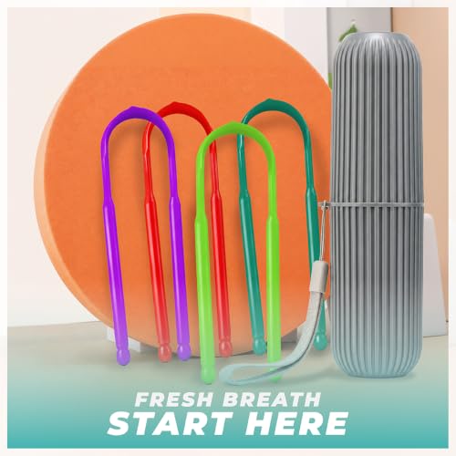 Image of MAXI Plastic Tongue Cleaner for Adults & Kids with Travel Case | BPA Free, Multicolor Plastic Tongue Scraper for Oral Hygiene, Removes Bad Breath & Bacteria, Easy Grip Handle (Pack of 4)