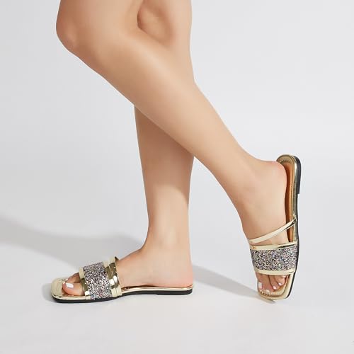 Image of Women's Open Toe Flat Sandals Rhinestone Glitter On Casual Fashion Slippers Quick Drying Indoor & Outdoor Slides