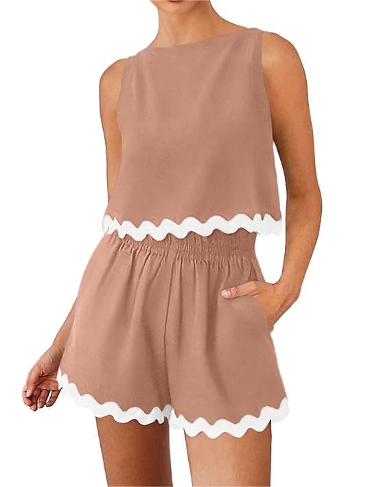 GRECERELLE Women 2025 Summer 2 Piece Outfits Set Lace Trim Crewneck Tank Crop Top and Shorts Lounge Pajama Sets2