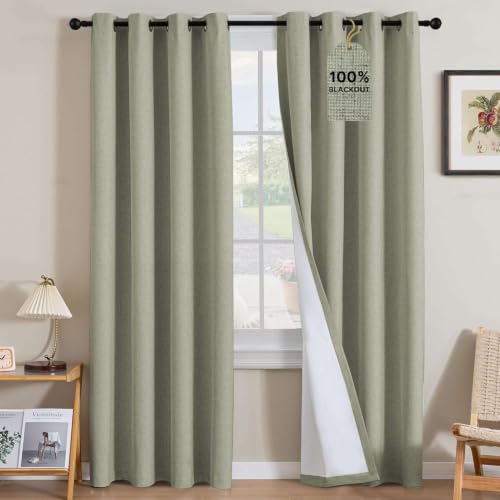 Image of H.VERSAILTEX Linen Curtains 100% Blackout Curtains for Bedroom 90 inch Long Full Light Blocking Nature Linen Blended Window Curtains for Living Room Nickel Grommet (2 Panels, Heathered Tea)