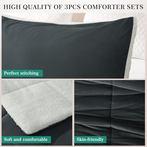 Image of MERITLIFE Fluffy Sherpa King Size Bedding Comforter Sets King Comforter Set-3 Pieces Bed in a Bag Dark Grey Soft Comforter and Pillowcase Luxury Warm Bedding Set for Winter