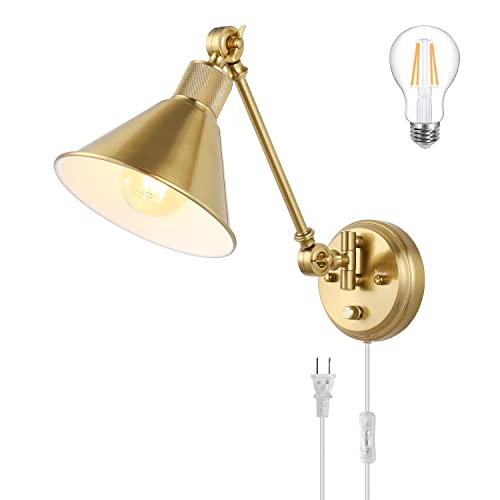 TRLIFE Wall Sconce Plug in, Dimmable Wall Sconce Brushed Brass Swing Arm Wall Lights with Plug in Cord and Dimmer On/Off Knob Switch, Wall Mounted Light for Bedside Bedroom Stairway (1 Pack, 1 Bulb)