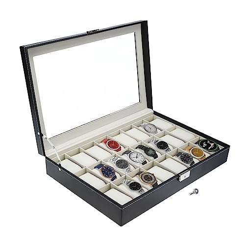 Skyehomo 24 Slot Watch Box, Watch Case Jewelry Storage In Black Pu Leather,Watch Display Organizer For Men And Women With Removable Pillows,Lock And Key #TOP28