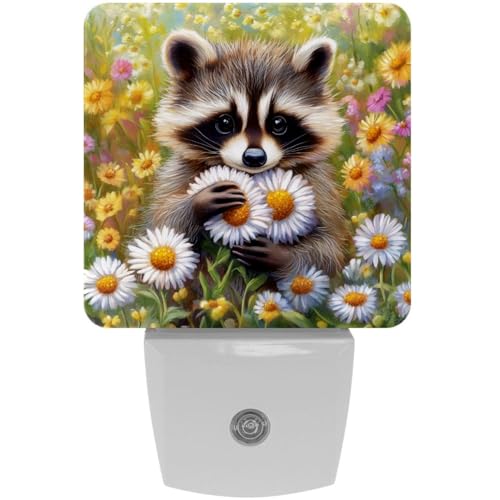 Image of NEWzone Raccoons Daisy Night Light Set of 2, Auto Sensor LED Dusk-to-Dawn Nightlights, Plug-in Sensor Lamp for Bedroom Bathroom Kitchen Hallway Stairs Decorative