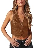 Fallorchid Women's Button Up Sleeveless Vest Crop Tops Sexy V Neck Faux Leather Jacket Waistcoat