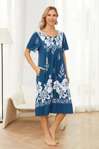 Image of House Dresses for Women with Pockets Mumu Dresses Short Sleeve Moo Moos for Women Nightgown Duster Lounge Dress S-3XL