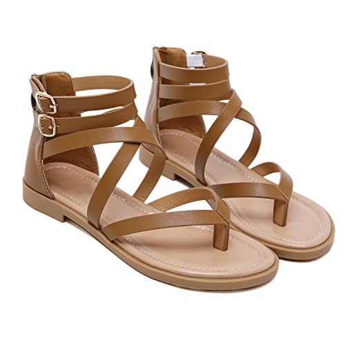 Shibever Women's Gladiator Sandals Summer Flat Thong Cross Strappy Sandals Trendy Roman Shoes With Zipper Brown 7 #TOP3