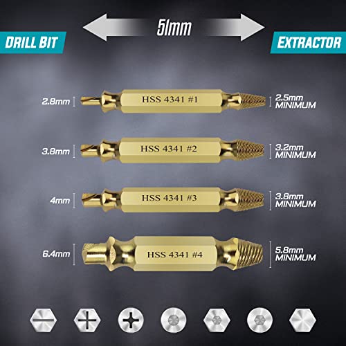 Damaged Screw X-Tractor Damaged Screw Extractor Kit and Stripped Screw Extractor Set. Its A HassleFree Broken Bolt Extractor and Screw Remover Set (4 Piece Extractor Set - Titanium)