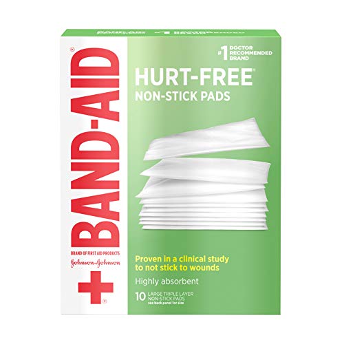 Band-Aid Brand Hurt-Free Non-Stick Pads with Hurt-Free Design for Wound Care & Wound Protection Highly-Absorbent Individually-Wrapped Sterile Pads Large Size 3 inches x 4 inches 10 ct