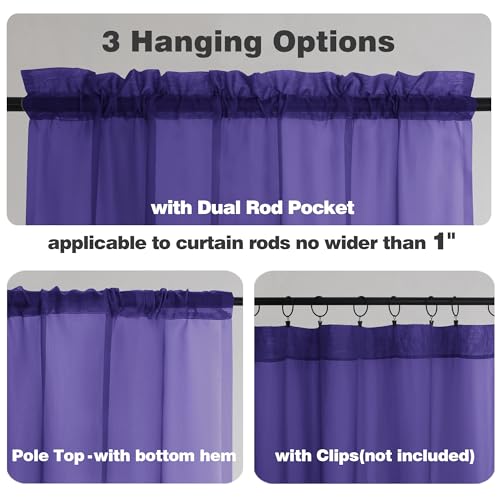 Image of Chyhomenyc Sheer Purple Tier Curtains 24 Inch Length, Small Window Curtains Treatment for Bathroom Living Room Basement, Short Rod Pocket Cafe Curtain, 42W x 24L Inches, 2 Panels