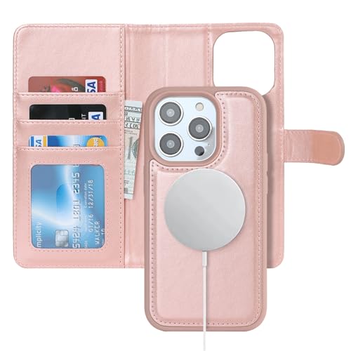 Zouzt for iPhone 13 Pro 6.1 Inch Detachable Wallet Case with Card Holder for MagSafe, Premium PU Leather 2 in 1 Flip Folio Book Magnetic Stand Protective Phone Cover for iPhone 13 Pro - Rose Gold