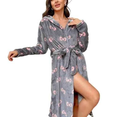 Hiseng Albornoz Mujer Bata Mujer Invierno, Estampado de Lazo Batas de Casa de Franela Larga Suave Grueso con Bolsillos y Cinturón Albornoz de Baño Unisex con Capucha Cálido (Lazo gris,M)