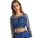 Uqezagpa Camiseta de danza del vientre contemporánea con lentejuelas reflectantes que crean efectos de luz dinámicos para mejorar la visibilidad. Parte superior elástica, azul real, Talla única