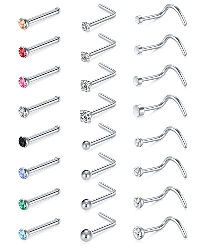 AVYRING 18G Nose Studs Nostril Ring L Bar Shape Surgical Steel Piercing Jewelry for Women Nose Rings Studs CZ 1.5mm/2mm/2.5mm/3mm