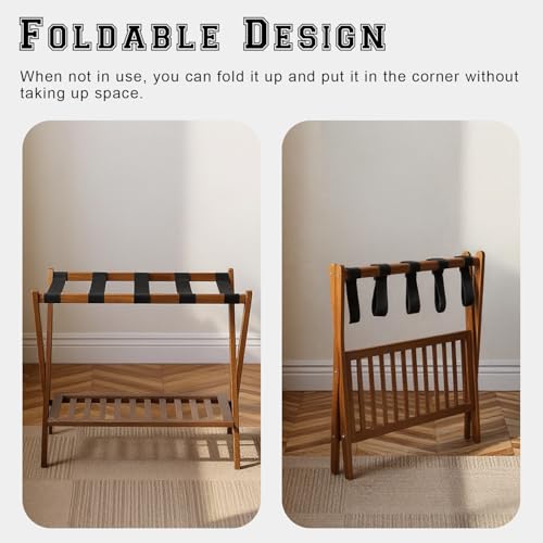 Image of Bamboo Luggage Rack with Shoe Shelf Folding Suitcase Stand with 5 Heavy-Duty Straps for Guest Room Living Room Hotel Ideal Luggage Holder for Suitcases Bags Shoes,Walnut Brown