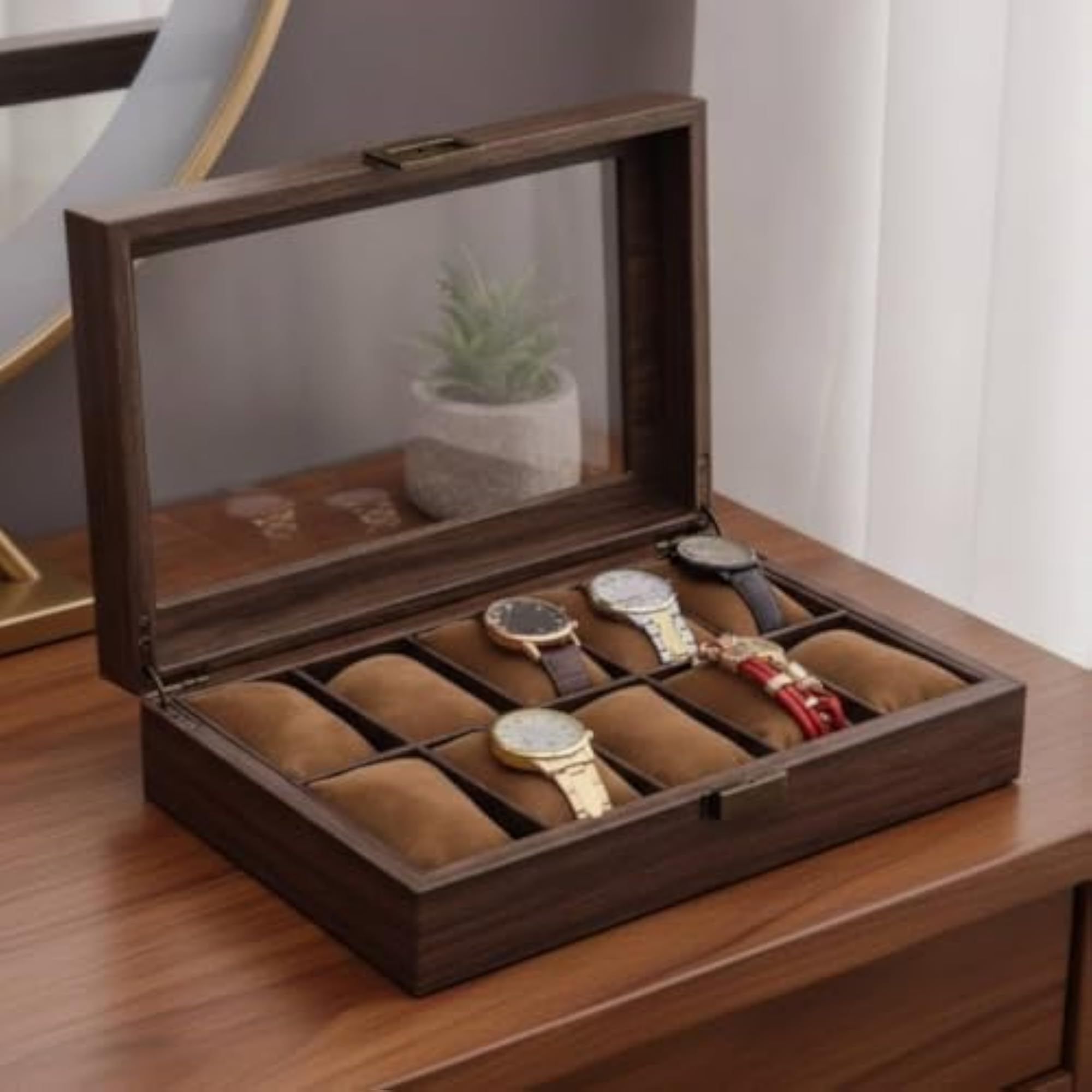 Velvet-Lined Watch Box with Glass Lid, 12 Slots
