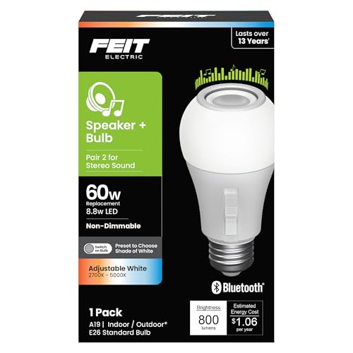 Feit Electric A19 LED Bulb with Built-in Bluetooth Speaker 5CCT Selectable White 800 Lumens 60W Equivalent Wireless Audio Streaming Stereo Pairing E26 Base 15 000-Hour Lifetime BTOM60/5CCT/CA