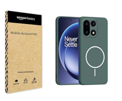 Image of amazon basics Back Cover for OnePlus 15 5G | Ultra Slim Soft Rubberised Case | Magsafe Logo Printed (Not Magsafe Compatible) | Camera Protection - Green