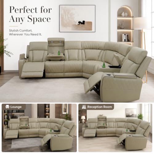 Image of Power Reclining Sectional Sofa Set, Modern Leather Sectional Couch Set, Living Room Furniture Sets Featuring LED Lights,Cup Holder,Storage,Home Theater Seating(Beige)