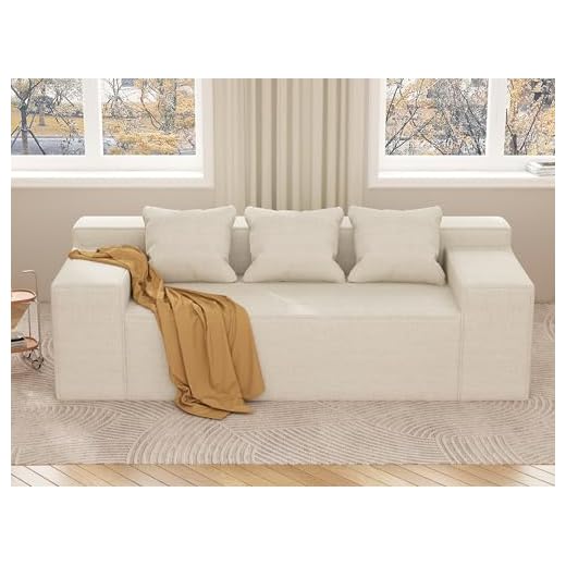 Modern 3-Seater Sofa, Hybrid Sofa in a Box, No Assembly Required, Comfy Sofa Couch with 3 Matching Pillows, Cat-Scratch Resistant Linen, Couch for Living Room or Bedroom, Beige