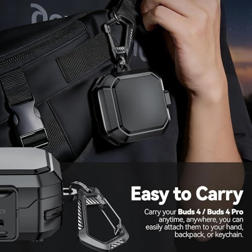 Image of Oboe Tough Case 'Compatible with' Samsung Galaxy Buds 4 & 4 Pro Case with Secure Lock Clip & Keyring (Black) [Buds & ChargingCase NOT Included]