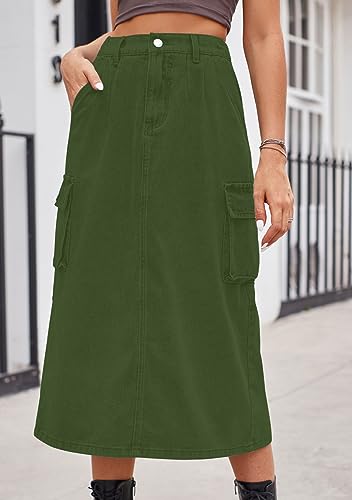 CHARTOU Women Casual High Waisted Denim Skirt Midi Jean Skirt Elastic Back A Line Skirt with Pockets4