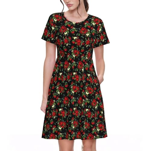 Robe d'été manches courtes légère et fluide à motif imprimé rose