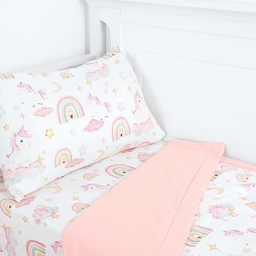 Image of Pea Pod Muslin Toddler Bedding Set 3-Piece - Soft Breathable Crib Bedding with Fitted Sheet, Quilt & Pillowcase for Infant & Kids Bed | Machine Washable Nursery Bed Set, Unicorn Rainbow