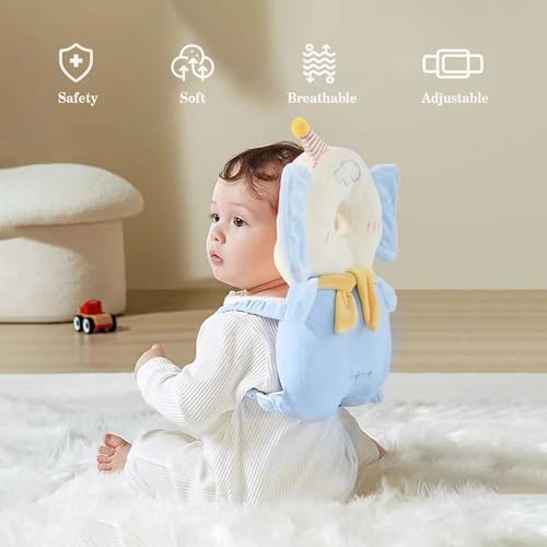 Image of Baby Head Protector Backpack, Toddler Baby Head Protection Backpack with Baby Knee Pads Alarm Function for Walking & Crawling, Soft, Breathable and Wearing Safety Baby Head Protector-Blue Elephant