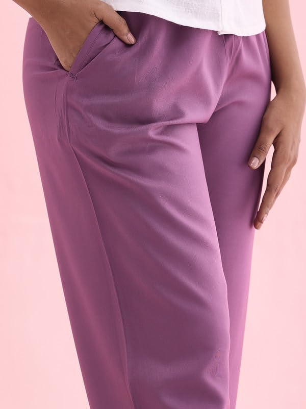 Image of GO COLORS Women Solid Mid Rise Relaxed Fit Viscose Casual Pants