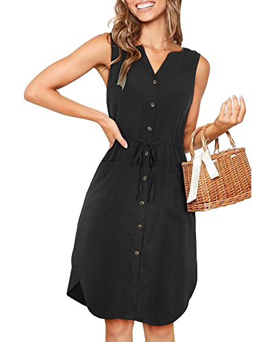 GOOTUCH Women's V Neck Dress Sleeveless Button Down Drawstring Waist Casual Midi Sundresses with Pockets(Black,L)