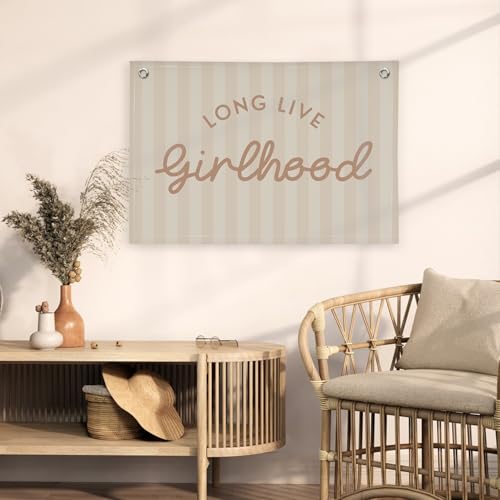 Image of Girls Room Decor Long Live Girlhood Linen Banner Hanging Flag Vintage Pink Banner for Nursery Playroom Wall Decor for Kids Bedroom Dorm Toddler Decorations Trendy Room Decor 30x20 In (Girlhood)