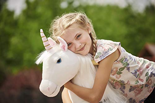 Ponnie Reitpferd mit Rollen Unicorn M (5-12 Jahre), Spielpferd zum Reiten mit Abnehmbarer Rosa Sattel und Halfter mit Zaumzeug, Kämmbare Mähne und Schwanz, Plüschpferd zum Reiten für Kinder