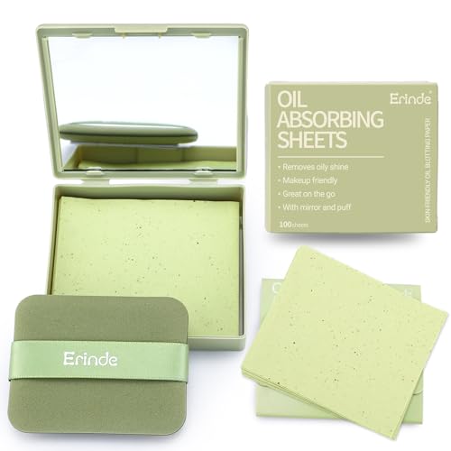 Erinde Oil Blotting Sheets for Face with Mirror and Puff, 300 Sheets Oil Blotting Paper for Oily Skin, Face Oil Absorbing Sheet, Natural Oil Control Film, Absorb Excess Oil, Makeup Friendly