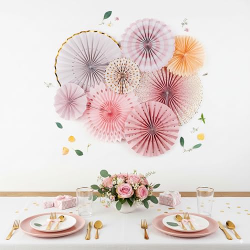PapaKit 8-Piece Origami Paper Fan Wall Decoration Set – Sparkling Pink Rose Blush & Gold Metallic Accents | Reusable Round Pinwheel Party Decor for Birthday, Baby Shower, Wedding, Events