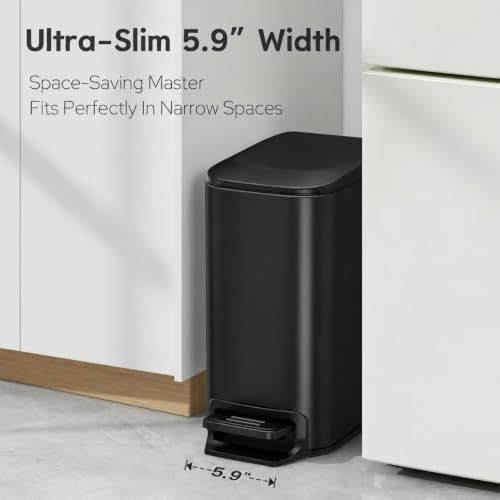 Image of TIPGO Small Bathroom Trash Can with Lid, 1.6 Gal, Soft Close, Matte Black | Stainless Steel, 5.9'' Slim for Narrow Space, Foot Pedal, Soft Quiet Lid, Anti-fingerprint, Removable Inner Bucket, Odor Seal