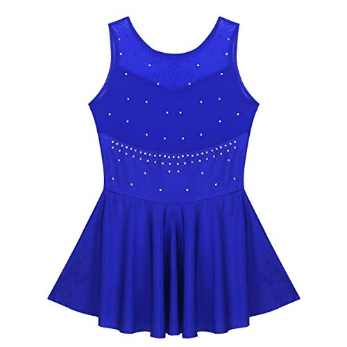 Hansber Girls Sleeveless Rhinestone Mesh Back Leotard Tutu Skirts Figure Ice Skating Dress Ballet Dancewear Blue 10 Years #TOP3