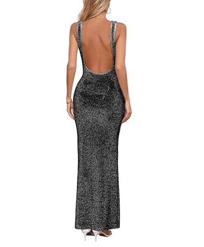 Image of Women's Sexy Backless U Neck Stretchy Bodycon Long Dress